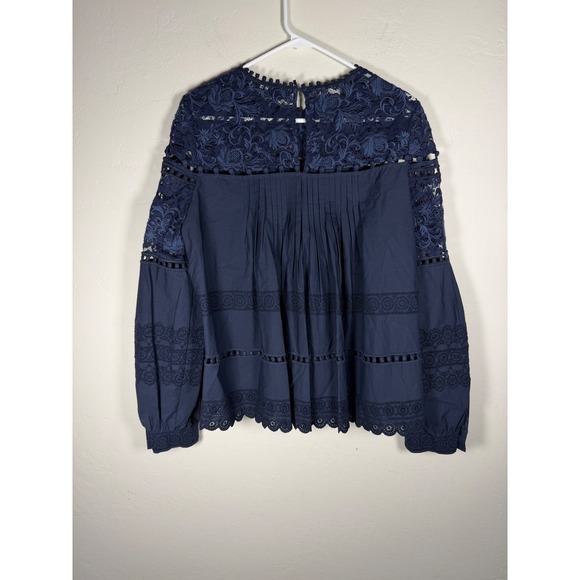 Sea New York Navy Lace Trimmed Cotton Eyelet Boho Blouse Top Size 10 - Picture 3 of 10